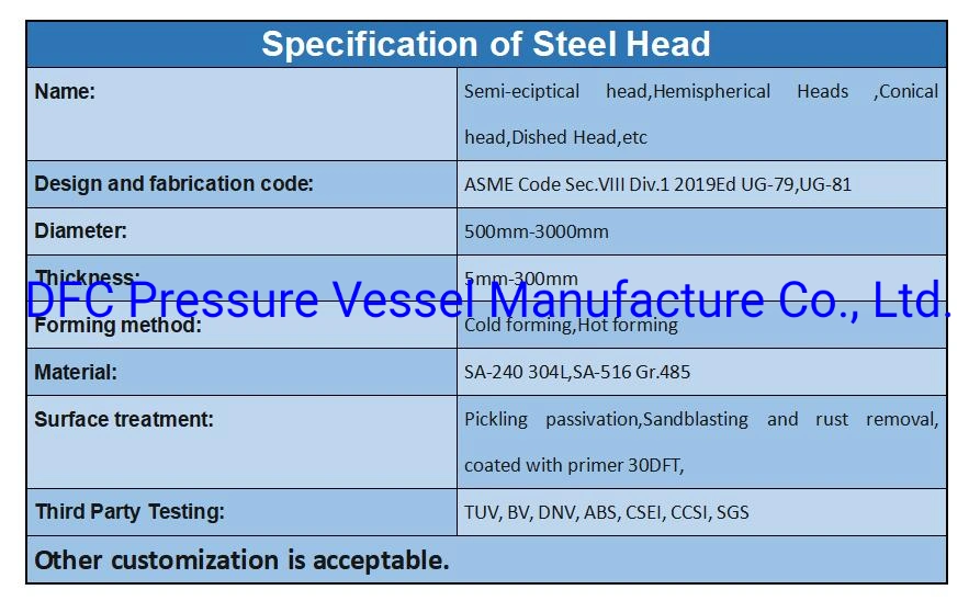 ASME Standard Steel Head Semi-Eciptical Head for Pressure Vessel